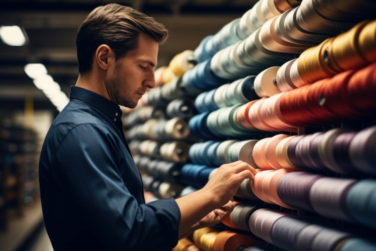 quality control expert inspecting various colors of thread used for customized uniforms