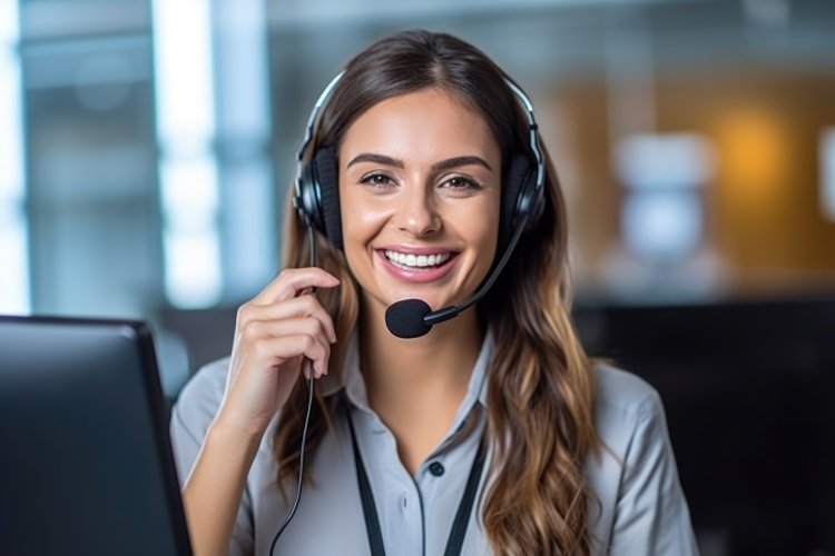 smiling customer service representative at a computer with headset on waiting to help the next caller