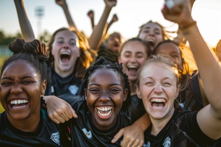 girls soccer team celebrating