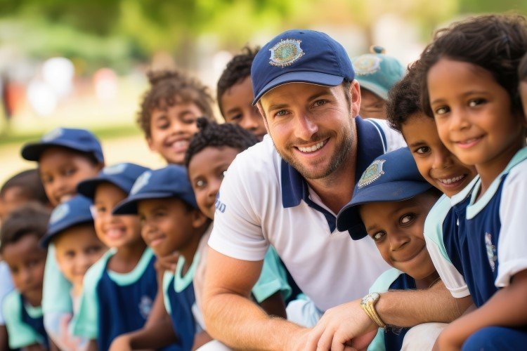 happy youth cricket team smiling with coach