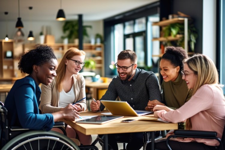 equal opportunity diverse group of employees collaborating in an office setting